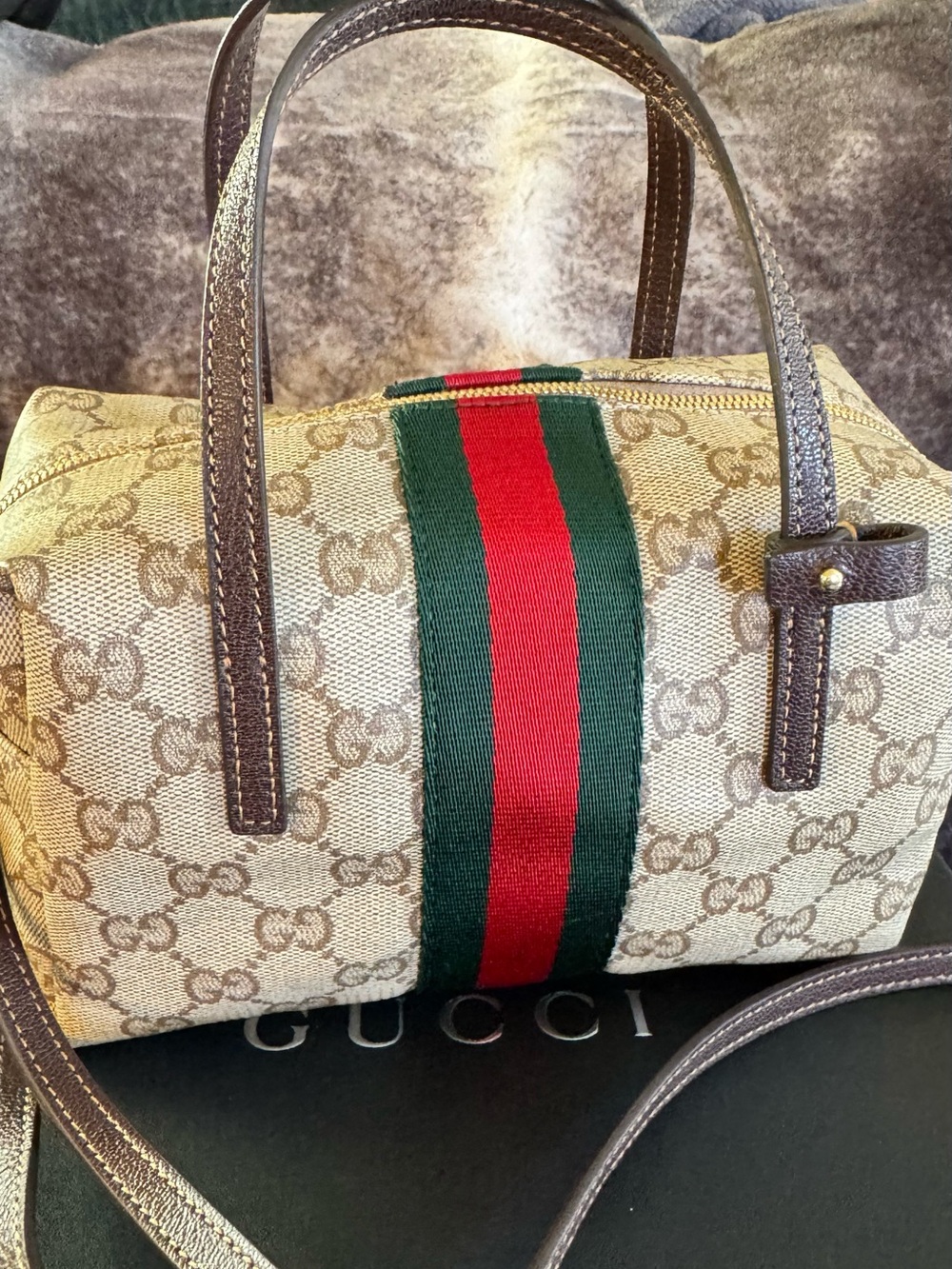 Gucci Beige GG Canvas Mini Boston with Green and Red Web Stripe
